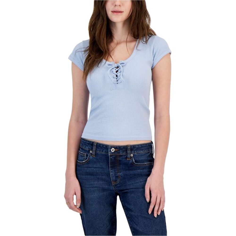 PLANET HEART Womens Lace Up Basic T-Shirt, , Juniors, M, DM